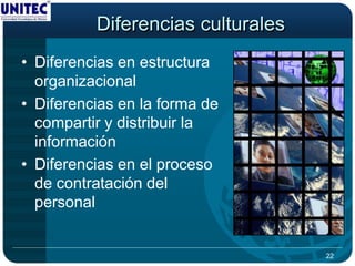 Diferencias culturales
• Diferencias en estructura
  organizacional
• Diferencias en la forma de
  compartir y distribuir la
  información
• Diferencias en el proceso
  de contratación del
  personal


                                   22
 
