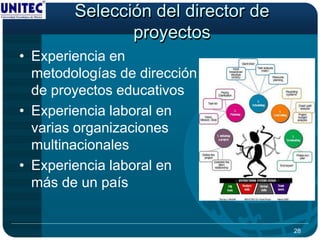 Selección del director de
               proyectos
• Experiencia en
  metodologías de dirección
  de proyectos educativos
• Experiencia laboral en
  varias organizaciones
  multinacionales
• Experiencia laboral en
  más de un país


                                    28
 