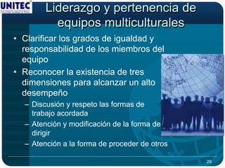 Liderazgo y pertenencia de
          equipos multiculturales
• Clarificar los grados de igualdad y
  responsabilidad de los miembros del
  equipo
• Reconocer la existencia de tres
  dimensiones para alcanzar un alto
  desempeño
  – Discusión y respeto las formas de
    trabajo acordada
  – Atención y modificación de la forma de
    dirigir
  – Atención a la forma de proceder de otros

                                               29
 