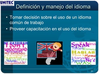Definición y manejo del idioma
• Tomar decisión sobre el uso de un idioma
  común de trabajo
• Proveer capacitación en el uso del idioma




                                          31
 