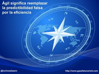 #ÁgilEsAlgoQueEres www.gazafatonarioit.com Copyright © 2015 - Lucho Salazar @luchosalazarc
Ágil significa reemplazar
la predictibilidad falsa
por la eficiencia
http://www.gazafatonarioit.com
Ágil significa reemplazar
la predictibilidad falsa
por la eficiencia
http://www.gazafatonarioit.com@luchosalazarc
 