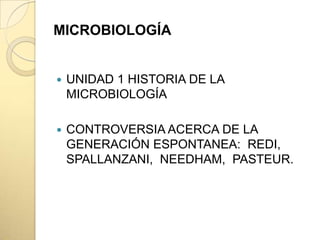 MICROBIOLOGÍA


   UNIDAD 1 HISTORIA DE LA
    MICROBIOLOGÍA

   CONTROVERSIA ACERCA DE LA
    GENERACIÓN ESPONTANEA: REDI,
    SPALLANZANI, NEEDHAM, PASTEUR.
 