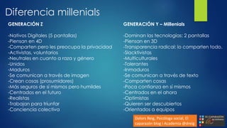 Diferencia millenials
GENERACIÓN Z
-Nativos Digitales (5 pantallas)
-Piensan en 4D
-Comparten pero les preocupa la privacidad
-Activistas, voluntarios
-Neutrales en cuanto a raza y género
-Unidos
-Maduros
-Se comunican a través de imagen
-Crean cosas (prosumidores)
-Más seguros de sí mismos pero humildes
-Centrados en el futuro
-Realistas
-Trabajan para triunfar
-Conciencia colectiva
GENERACIÓN Y – Millenials
-Dominan las tecnologías: 2 pantallas
-Piensan en 3D
-Transparencia radical: lo comparten todo.
-Slacktivistas
-Multiculturales
-Tolerantes
-Inmaduros
-Se comunican a través de texto
-Comparten cosas
-Poca confianza en sí mismos
-Centrados en el ahora
-Optimistas
-Quieren ser descubiertos
-Orientados a equipos
Dolors Reig, Psicóloga social, El
caparazón blog i Academia @dreig
 