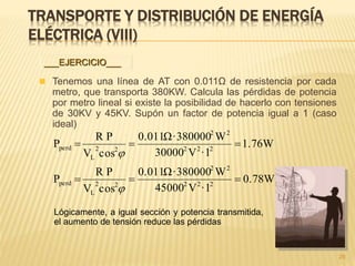 TRANSPORTE Y DISTRIBUCIÓN DE ENERGÍA
ELÉCTRICA (VIII)
 Tenemos una línea de AT con 0.011Ω de resistencia por cada
metro, que transporta 380KW. Calcula las pérdidas de potencia
por metro lineal si existe la posibilidad de hacerlo con tensiones
de 30KV y 45KV. Supón un factor de potencia igual a 1 (caso
ideal)
26
___EJERCICIO___
Lógicamente, a igual sección y potencia transmitida,
el aumento de tensión reduce las pérdidas
0.78W
·1V45000
W·3800000.011Ω
cosV
PR
P
1.76W
·1V30000
W·3800000.011Ω
cosV
PR
P
222
22
22
L
perd
222
22
22
L
perd




 