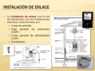  La instalación de enlace une la red
de distribución con las instalaciones
interiores. Está formada por:
 Línea de entrada
 Caja general de protección
(CGP)
 Línea general de alimentación
(LGA)
 Contadores
 Línea de derivación individual
INSTALACIÓN DE ENLACE
 