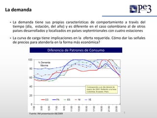 La demanda
 La demanda tiene sus propias características de comportamiento a través del
tiempo (día, estación, del año) y es diferente en el caso colombiano al de otros
países desarrollados y localizados en países septentrionales con cuatro estaciones
 La curva de carga tiene implicaciones en la oferta requerida. Cómo dar las señales
de precios para atenderla en la forma más económica?
Diferencia de Patrones de Consumo
Fuente: XM presentación 08/2009 5
 