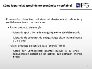 Cómo lograr el abastecimiento económico y confiable?
 El mercado colombiano soluciona el abastecimiento eficiente y
confiable mediante tres mercados:
 Para el producto de energía
—Mercado spot o bolsa de energía que es el eje del mercado
—Mercado de contratos de energía largo plazo (normalmente
a 2 y 3 años)
• Para el producto de confiabilidad (energía firme)
—Cargo por Confiabilidad (plantas nuevas a 20 años –
remuneración parcial de los activos que entregan energía
firme)
6
 