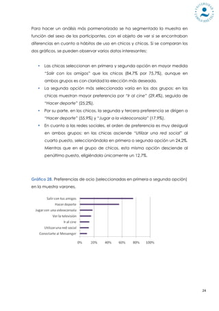 Para hacer un análisis más pormenorizado se ha segmentado la muestra en
función del sexo de los participantes, con el objeto de ver si se encontraban
diferencias en cuanto a hábitos de uso en chicos y chicas. Si se comparan los
dos gráficos, se pueden observar varios datos interesantes:


      Las chicas seleccionan en primera y segunda opción en mayor medida
       “Salir con los amigos” que los chicos (84,7% por 75,7%), aunque en
       ambos grupos es con claridad la elección más deseada.
      La segunda opción más seleccionada varía en los dos grupos: en las
       chicas muestran mayor preferencia por “Ir al cine” (29,4%), seguida de
       “Hacer deporte” (25,2%).
      Por su parte, en los chicos, la segunda y tercera preferencia se dirigen a
       “Hacer deporte” (55,9%) y “Jugar a la videoconsola” (17,9%).
    En cuanto a las redes sociales, el orden de preferencia es muy desigual
       en ambos grupos: en las chicas asciende “Utilizar una red social” al
       cuarto puesto, seleccionándola en primera o segunda opción un 24,2%.
       Mientras que en el grupo de chicos, esta misma opción desciende al
       penúltimo puesto, eligiéndola únicamente un 12,7%.




Gráfico 28. Preferencias de ocio (seleccionadas en primera o segunda opción)
en la muestra varones.




                                                                                    24
 