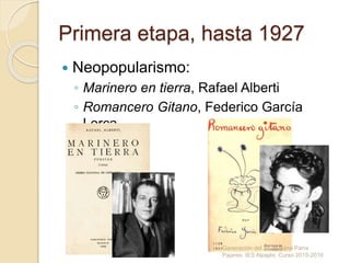 Primera etapa, hasta 1927
 Neopopularismo:
◦ Marinero en tierra, Rafael Alberti
◦ Romancero Gitano, Federico García
Lorca
Generación del 27. Susana Parra
Pajares. IES Alpajés. Curso 2015-2016
 
