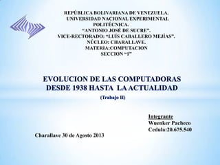 Integrante
Wuenker Pacheco
Cedula:20.675.540
REPÚBLICA BOLIVARIANA DE VENEZUELA.
UNIVERSIDAD NACIONAL EXPERIMENTAL
POLITÉCNICA.
“ANTONIO JOSÉ DE SUCRE”.
VICE-RECTORADO: “LUÍS CABALLERO MEJÍAS”.
NÚCLEO: CHARALLAVE.
MATERIA:COMPUTACION
SECCION “1”
Charallave 30 de Agosto 2013
 