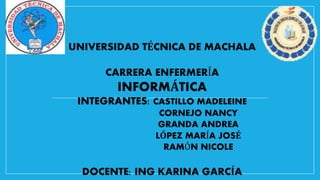 UNIVERSIDAD TÉCNICA DE MACHALA

CARRERA ENFERMERÍA

INFORMÁTICA
INTEGRANTES: CASTILLO MADELEINE
CORNEJO NANCY
GRANDA ANDREA
LÓPEZ MARÍA JOSÉ
RAMÓN NICOLE

DOCENTE: ING KARINA GARCÍA

 