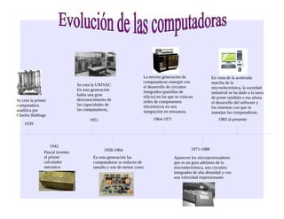 Se crea la primer
computadora
analítica por
Charles Babbage
1939
Pascal invento
el primer
calculador
mecanico
1942
Se crea la UNIVAC
En esta generación
había una gran
desconocimiento de
las capacidades de
las computadoras,
1951
En esta generación las
computadoras se reducen de
tamaño y son de menor costo.
1958-1964
La tercera generación de
computadoras emergió con
el desarrollo de circuitos
integrados (pastillas de
silicio) en las que se colocan
miles de componentes
electrónicos en una
integración en miniatura.
1964-1971
Aparecen los microprocesadores
que es un gran adelanto de la
microelectrónica, son circuitos
integrados de alta densidad y con
una velocidad impresionante.
1971-1988
En vista de la acelerada
marcha de la
microelectrónica, la sociedad
industrial se ha dado a la tarea
de poner también a esa altura
el desarrollo del software y
los sistemas con que se
manejan las computadoras.
1983 al presente
 