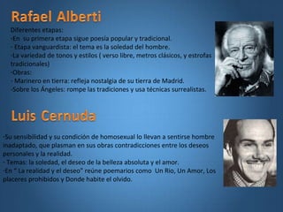 Diferentes etapas: En  su primera etapa sigue poesía popular y tradicional. Etapa vanguardista: el tema es la soledad del hombre. La variedad de tonos y estilos ( verso libre, metros clásicos, y estrofas tradicionales) Obras: Marinero en tierra: refleja nostalgia de su tierra de Madrid. -Sobre los Ángeles: rompe las tradiciones y usa técnicas surrealistas. Su sensibilidad y su condición de homosexual lo llevan a sentirse hombre inadaptado, que plasman en sus obras contradicciones entre los deseos personales y la realidad. Temas: la soledad, el deseo de la belleza absoluta y el amor. En “ La realidad y el deseo” reúne poemarios como  Un Rio, Un Amor, Los placeres prohibidos y Donde habite el olvido. 