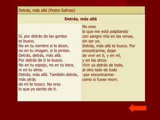 Detrás, más allá (Pedro Salinas) Detrás, más allá  Sí, por detrás de las gentes te busco. No en tu nombre si lo dicen, no en tu imagen, si la pintan. Detrás, detrás, más allá. Por detrás de ti te busco. No en tu espejo, no en tu letra, ni en tu alma. Detrás, más allá. También detrás, más atrás de mí te busco. No eres lo que yo siento de ti. No eres lo que me está palpitando con sangre mía en las venas, sin ser yo. Detrás, más allá te busco. Por encontrarme, dejar de vivir en ti, y en mí, y en los otros. Vivir ya detrás de todo, al otro lado de todo -por encontrarme- como si fuese morir. 