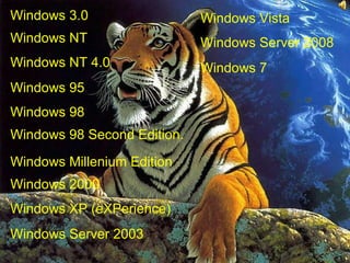 Windows 3.0 Windows NT Windows NT 4.0 Windows 98 Windows 98 Second Edition. Windows 95 Windows Millenium Edition Windows 2000 Windows XP (eXPerience) Windows Server 2003 Windows Server 2008 Windows Vista Windows 7 
