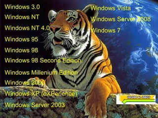 Windows 3.0 Windows NT Windows NT 4.0 Windows 98 Windows 98 Second Edition. Windows 95 Windows Millenium Edition Windows 2000 Windows XP (eXPerience) Windows Server 2003 Windows Server 2008 Windows Vista Windows 7 