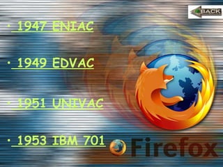1947 ENIAC 1949 EDVAC 1951 UNIVAC 1953 IBM 701 