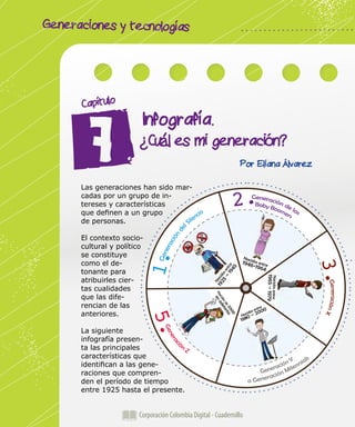 Generaciones y tecnologías
Corporación Colombia Digital - Cuadernillo
Infografía.
¿Cuál es mi generación?
Capítulo
Por Eliana Álvarez
Las generaciones han sido mar-
cadas por un grupo de in-
tereses y características
que definen a un grupo
de personas.
El contexto socio-
cultural y político
se constituye
como el de-
tonante para
atribuirles cier-
tas cualidades
que las dife-
rencian de las
anteriores.
La siguiente
infografía presen-
ta las principales
características que
identifican a las gene-
raciones que compren-
den el período de tiempo
entre 1925 hasta el presente.
1.
2.
3.
5.
Corporación Colombia Digital - Cuadernillo
 