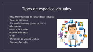 Tipos de espacios virtuales
• Hay diferentes tipos de comunidades virtuales:
• Foros de discusión
• Correo electrónico y grupos de correo
• electrónico
• Grupos de noticias
• Video Conferencias
• Chat
• Dimensión de Usuario Múltiple
• Sistemas Par to Par
 