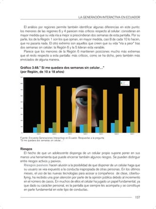 LA GENERACIÓN INTERACTIVA EN ECUADOR


   El análisis por regiones permite también identiﬁcar algunas diferencias en este punto:
los menores de las regiones 6 y 4 parecen más críticos respecto al celular: consideran en
mayor medida que su vida iría a mejor si prescindieran dos semanas de esta pantalla. Por su
parte, los de la Región 1 son los que opinan, en mayor medida, casi 8 de cada 10 lo hacen,
que no pasaría nada. El otro extremo son aquellos que creen que su vida “iría a peor” tras
dos semanas sin celular: la Región 6 y la 5 lideran esta variable.
   Parece que los menores de la Región 6 mantienen posiciones mucho más extremas
que el resto respecto a esta pantalla: más críticos, como se ha dicho, pero también más
enviciados de alguna manera.

Gráﬁco 3.68.” Si me quedara dos semanas sin celular…”
(por Región, de 10 a 18 años)




Fuente: Encuesta Generaciones Interactivas en Ecuador. Respuestas a la pregunta
“Si me quedara dos semanas sin celular…”


Riesgos
  El hecho de que un adolescente disponga de un celular propio supone poner en sus
manos una herramienta que puede encerrar también algunos riesgos. Se pueden distinguir
entre riesgos activos y pasivos.
  Riesgos pasivos: hacen alusión a la posibilidad de que disponer de un celular haga que
  su usuario se vea expuesto a la conducta inapropiada de otras personas. En los últimos
  meses, el uso de las nuevas tecnologías para acosar a compañeros de clase, ciberbu-
  llying, ha recibido una gran atención por parte de la opinión pública debido al incremento
  en el número de casos. En muchos de ellos el celular ha jugado un papel fundamental, ya
  que dado su carácter personal, es la pantalla que siempre les acompaña y se constituye
  en parte fundamental en este tipo de conductas.

                                                                                       157
 