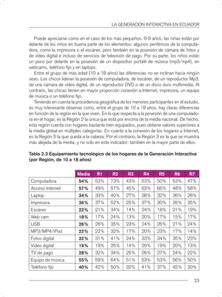 LA GENERACIÓN INTERACTIVA EN ECUADOR


   Puede apreciarse como en el caso de los más pequeños, 6-9 años, las niñas están por
delante de los niños en buena parte de los elementos: algunos periféricos de la computa-
dora, como la impresora o el escáner, pero también en la posesión de cámara de fotos y
de vídeo digital e incluso de servicios de televisión de pago. Por su parte, los niños están
un poco por delante en la posesión de un dispositivo portátil de música (mp3/mp4), en
webcams, teléfono ﬁjo y en laptops.
   Entre el grupo de más edad (10 a 18 años) las diferencias no se inclinan hacia ningún
sexo. Los chicos lideran la posesión de computadora, de escáner, de un reproductor Mp3,
de una cámara de vídeo digital, de un reproductor DVD o de un disco duro multimedia. Al
contrario, las chicas tienen en mayor proporción conexión a Internet, impresora, un equipo
de música o un teléfono ﬁjo.
   Teniendo en cuenta la procedencia geográﬁca de los menores participantes en el estudio,
es muy interesante observar como, entre el grupo de 10 a 18 años, hay claras diferencias
en función de la región en la que viven. En lo que respecta a la posesión de una computado-
ra en el hogar, es la Región 2 la única que está por encima de la media nacional. De hecho,
esta región cuenta con hogares bastante bien equipados, pues obtiene valores superiores a
la media global en múltiples categorías. En cuanto a la conexión de los hogares a Internet,
es la Región 5 la que queda a la cabeza. Por el contrario, la Región 3 es la que se muestra
más alejada de la media, y no solo en este indicador: también en la mayor parte de ellos.

Tabla 2.3 Equipamiento tecnológico de los hogares de la Generación Interactiva
(por Región, de 10 a 18 años)


                          Media     R1       R2      R3      R4       R5      R6      R7
 Computadora              54%      53%      73%     43%     53%      50%     53%     47%
 Acceso Internet          57%      49%      57%     45%     63%      66%     48%     58%
 Laptop                   34%      33%      40%     27%     38%      32%     36%     28%
 Impresora                36%      37%      52%     25%     37%      30%     35%     35%
 Escáner                  22%      21%      34%     14%     24%      18%     21%     19%
 Web cam                  18%      17%      24%     13%     20%      17%     15%     17%
 USB                      26%      26%      35%     23%     24%      26%     21%     24%
 MP3/MP4/iPod             22%      22%      32%     17%     20%      23%     17%     14%
 Fotos digital            32%      31%      41%     24%     33%      34%     35%     23%
 Vídeo digital            19%      19%      25%     14%     20%      19%     20%     13%
 TV de pago               28%      32%      34%     25%     26%      27%     24%     22%
 Equipo de música         55%      59%      64%     51%     53%      53%     56%     50%
 Teléfono ﬁjo             40%      42%      50%     32%     41%      37%     45%     30%

                                                                                         23
 