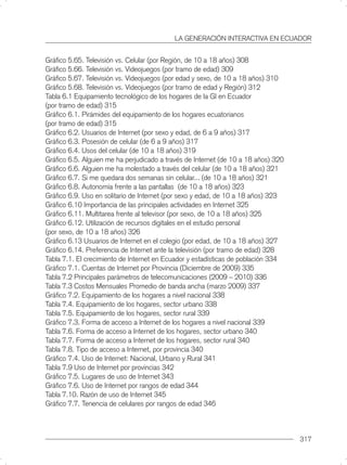 LA GENERACIÓN INTERACTIVA EN ECUADOR


Gráﬁco 5.65. Televisión vs. Celular (por Región, de 10 a 18 años) 308
Gráﬁco 5.66. Televisión vs. Videojuegos (por tramo de edad) 309
Gráﬁco 5.67. Televisión vs. Videojuegos (por edad y sexo, de 10 a 18 años) 310
Gráﬁco 5.68. Televisión vs. Videojuegos (por tramo de edad y Región) 312
Tabla 6.1 Equipamiento tecnológico de los hogares de la GI en Ecuador
(por tramo de edad) 315
Gráﬁco 6.1. Pirámides del equipamiento de los hogares ecuatorianos
(por tramo de edad) 315
Gráﬁco 6.2. Usuarios de Internet (por sexo y edad, de 6 a 9 años) 317
Gráﬁco 6.3. Posesión de celular (de 6 a 9 años) 317
Gráﬁco 6.4. Usos del celular (de 10 a 18 años) 319
Gráﬁco 6.5. Alguien me ha perjudicado a través de Internet (de 10 a 18 años) 320
Gráﬁco 6.6. Alguien me ha molestado a través del celular (de 10 a 18 años) 321
Gráﬁco 6.7. Si me quedara dos semanas sin celular... (de 10 a 18 años) 321
Gráﬁco 6.8. Autonomía frente a las pantallas (de 10 a 18 años) 323
Gráﬁco 6.9. Uso en solitario de Internet (por sexo y edad, de 10 a 18 años) 323
Gráﬁco 6.10 Importancia de las principales actividades en Internet 325
Gráﬁco 6.11. Multitarea frente al televisor (por sexo, de 10 a 18 años) 325
Gráﬁco 6.12. Utilización de recursos digitales en el estudio personal
(por sexo, de 10 a 18 años) 326
Gráﬁco 6.13 Usuarios de Internet en el colegio (por edad, de 10 a 18 años) 327
Gráﬁco 6.14. Preferencia de Internet ante la televisión (por tramo de edad) 328
Tabla 7.1. El crecimiento de Internet en Ecuador y estadísticas de población 334
Gráﬁco 7.1. Cuentas de Internet por Provincia (Diciembre de 2009) 335
Tabla 7.2 Principales parámetros de telecomunicaciones (2009 – 2010) 336
Tabla 7.3 Costos Mensuales Promedio de banda ancha (marzo 2009) 337
Gráﬁco 7.2. Equipamiento de los hogares a nivel nacional 338
Tabla 7.4. Equipamiento de los hogares, sector urbano 338
Tabla 7.5. Equipamiento de los hogares, sector rural 339
Gráﬁco 7.3. Forma de acceso a Internet de los hogares a nivel nacional 339
Tabla 7.6. Forma de acceso a Internet de los hogares, sector urbano 340
Tabla 7.7. Forma de acceso a Internet de los hogares, sector rural 340
Tabla 7.8. Tipo de acceso a Internet, por provincia 340
Gráﬁco 7.4. Uso de Internet: Nacional, Urbano y Rural 341
Tabla 7.9 Uso de Internet por provincias 342
Gráﬁco 7.5. Lugares de uso de Internet 343
Gráﬁco 7.6. Uso de Internet por rangos de edad 344
Tabla 7.10. Razón de uso de Internet 345
Gráﬁco 7.7. Tenencia de celulares por rangos de edad 346



                                                                                   317
 