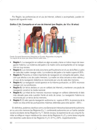 Por Región, las preferencias en el uso de Internet, solitario o acompañado, pueden di-
bujarse del siguiente modo:

Gráﬁco 2.34. Compañía en el uso de Internet (por Región, de 10 a 18 años)




Fuente: Encuesta Generaciones Interactivas en Ecuador. Respuestas a la pregunta
“La mayoría de las veces que utilizas Internet sueles estar…”.

•    Región 1. La navegación en solitario es algo acusada y tiene un índice mayor de nave-
     gación fraterna. La incidencia del padre o la madre como acompañantes en la navega-
     ción es muy escasa.
•    Región 2. Los menores de esta zona tiene perﬁl autónomo en el uso de la Red y cuatro
     de cada diez suelen navegar solos. La incidencia del padre o la madre supera el 20%.
•    Región 3. Presenta un índice importante de navegación en compañía del padre, situa-
     ción que afecta a uno de cuatro menores. La madre se sitúa cercana a esos valores y
     el caso de la navegación didáctica es reconocido por uno de cada diez menores.
•    Región 4. La navegación social aparece en la máxima puntuación; un 20% reconoce
     navegar con sus profesores.
•    Región 5. Un tercio declara un uso en solitario de Internet y mantienen una pauta de
     navegación social en la media nacional.
•    Región 6. La mitad de los menores reconoce navegar en solitario obteniendo el dato
     más elevado para esta cuestión frente al resto de zonas. La navegación fraterna es
     reconocida por un tercio de los menores.
•    Región 7. El valor para la navegación autónoma no supera el 35%; la presencia de la
     madre se sitúa entre las puntuaciones máximas obtenidas para esta opción - 25%-.

   En deﬁnitiva, podemos clasiﬁcar como una Generación Interactiva básicamente autónoma
en su uso a los menores las Regiones 6 y 1; combinando autonomía con un fuerte carácter
social a escolares de las Regiones 4 y 7. Siendo escasa, la experiencia de uso conjunto fa-
miliar se reﬂeja en mayor medida en los casos de las Regiones 4 y 2; y como tarea conjunta
con docentes suele darse en las Regiones 4 y 5 -21% y 22%, respectivamente-.

50
 