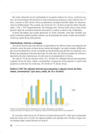 De modo coherente con lo manifestado en la opinión anterior los chicos, conforme cre-
cen, van encontrando más diversión en esta conducta que alcanza su valor máximo a los 17
años, cuando un 24% de los chicos ecuatorianos considera divertido hablar con descono-
cidos en el Messenger. Por su parte, las chicas de 14 y 16 años arrojan los datos más ele-
vados, 13% y 15% respectivamente. Sin embargo a los 18 años tanto chicos como chicas
parecen dejar de considerar atractiva esta opción y vuelven a valores más moderados.
   A pesar del peligro que puede apreciarse en estas actitudes, está claro también que
estas conductas pueden guardar relación con la búsqueda de nuevos modos de entreteni-
miento por parte de los más jóvenes.

Ciberbullying: víctimas y verdugos
   Uno de los asuntos que más atención ha generado en los últimos meses es la aparición de
sucesivos casos de acoso a través de las nuevas tecnologías. Las redes sociales, el Messen-
ger, el correo electrónico, se han convertido en herramientas para difundir, en ocasiones, con-
tenidos que perjudican a terceras personas. En este caso, los menores pueden ser víctimas o
ejecutores de esta conducta que, en este caso sí, es perjudicial en sí misma.
   Tan solo el 1% de los menores entre 10 y 18 años ha “utilizado Internet para perjudicar
a alguien (envío de fotos, vídeos, comentarios)”, aunque los chicos parecen un poco más
propensos a este tipo de conductas, 2% frente al 1% de las chicas.

Gráﬁco 2.105 “He utilizado Internet para perjudicar a alguien (envío de fotos
vídeos, comentarios)” (por sexo y edad, de 10 a 18 años)




Fuente: Encuesta Generaciones Interactivas en Ecuador. Respuestas a la pregunta
“¿Estás de acuerdo con algunas de las siguientes situaciones? (Es posible más de una respuesta?”


  En concreto, entre chicos de 15 años la conducta alcanza al 4%, valor que es alcanzado
entre las chicas a los 12 años. En algunas edades, por ejemplo a los 18 años, ningún me-
nor declara haber usado Internet con este ﬁn.

98
 