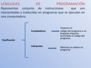 LENGUAJES               DE            PROGRAMACIÓN
Representan conjunto de instrucciones            que son
interpretadas y traducidas en programas que se ejecutan en
una computadora.


                                         Traducen el
                    Compiladores         código del programa a un
                                         lenguaje maquina,
                                         terminado el código del
                                         programa.
Clasificación

                    Intérpretes          Mientras se elabora el
                                         programa
 