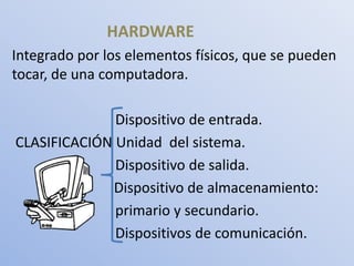 HARDWARE
Integrado por los elementos físicos, que se pueden
tocar, de una computadora.

              Dispositivo de entrada.
CLASIFICACIÓN Unidad del sistema.
              Dispositivo de salida.
             Dispositivo de almacenamiento:
              primario y secundario.
              Dispositivos de comunicación.
 