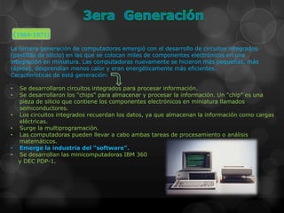 (1964-1971)
La tercera generación de computadoras emergió con el desarrollo de circuitos integrados
(pastillas de silicio) en las que se colocan miles de componentes electrónicos en una
integración en miniatura. Las computadoras nuevamente se hicieron más pequeñas, más
rápidas, desprendían menos calor y eran energéticamente más eficientes.
Características de está generación:

•    Se desarrollaron circuitos integrados para procesar información.
•    Se desarrollaron los "chips" para almacenar y procesar la información. Un "chip" es una
     pieza de silicio que contiene los componentes electrónicos en miniatura llamados
     semiconductores.
•    Los circuitos integrados recuerdan los datos, ya que almacenan la información como cargas
     eléctricas.
•    Surge la multiprogramación.
•    Las computadoras pueden llevar a cabo ambas tareas de procesamiento o análisis
     matemáticos.
•    Emerge la industria del "software".
•    Se desarrollan las minicomputadoras IBM 360
     y DEC PDP-1.
 