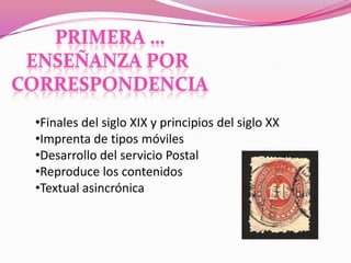 •Finales del siglo XIX y principios del siglo XX
•Imprenta de tipos móviles
•Desarrollo del servicio Postal
•Reproduce los contenidos
•Textual asincrónica
 