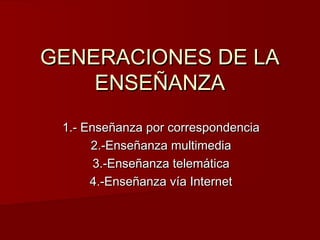 GENERACIONES DE LA
    ENSEÑANZA
 1.- Enseñanza por correspondencia
      2.-Enseñanza multimedia
       3.-Enseñanza telemática
      4.-Enseñanza vía Internet
 