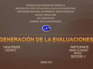 REPUBLICA BOLIVARIANA DE VENEZUELA
         MINISTERIO DEL PODER POPULAR PARA LA EDUCACION UNIVERSITARIA
             UNIVERSIDAD NACIONAL EXPERIMENTAL SIMON RODRIGUEZ
                             NUCLEO- BARCELONA
                              EDO. ANZOATEGUI
                        CARRERA: EDUCACION INTEGRAL




FACILITADOR :                                                  PARTICIPANTE:
JOSÉ BRITO                                                    TABARE GLORIANNY
                                                                  19854244
                                                                SECCION: “C”
                                 MARZO 2013
 