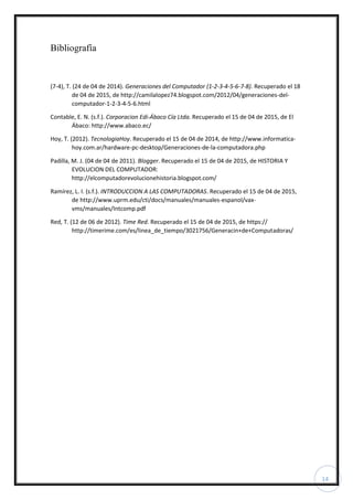 14
Bibliografía
(7-4), T. (24 de 04 de 2014). Generaciones del Computador (1-2-3-4-5-6-7-8). Recuperado el 18
de 04 de 2015, de http://camilalopez74.blogspot.com/2012/04/generaciones-del-
computador-1-2-3-4-5-6.html
Contable, E. N. (s.f.). Corporacion Edi-Ábaco Cía Ltda. Recuperado el 15 de 04 de 2015, de El
Ábaco: http://www.abaco.ec/
Hoy, T. (2012). TecnologiaHoy. Recuperado el 15 de 04 de 2014, de http://www.informatica-
hoy.com.ar/hardware-pc-desktop/Generaciones-de-la-computadora.php
Padilla, M. J. (04 de 04 de 2011). Blogger. Recuperado el 15 de 04 de 2015, de HISTORIA Y
EVOLUCION DEL COMPUTADOR:
http://elcomputadorevolucionehistoria.blogspot.com/
Ramírez, L. I. (s.f.). INTRODUCCION A LAS COMPUTADORAS. Recuperado el 15 de 04 de 2015,
de http://www.uprm.edu/cti/docs/manuales/manuales-espanol/vax-
vms/manuales/Intcomp.pdf
Red, T. (12 de 06 de 2012). Time Red. Recuperado el 15 de 04 de 2015, de https://
http://timerime.com/es/linea_de_tiempo/3021756/Generacin+de+Computadoras/
 