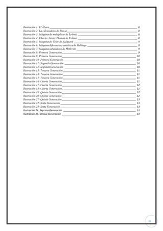 III
Ilustración 1: El Ábaco _________________________________________________________________ 8
Ilustración 2: La calculadora de Pascal____________________________________________________ 8
Ilustración 3: Máquina de multiplicar de Leibniz ____________________________________________ 8
Ilustración 4: Charles Xavier Thomas de Colmar ____________________________________________ 8
Ilustración 5: Maquina de Telar de Jacquard _______________________________________________ 9
Ilustración 6: Máquina diferencia y analítica de Babbage _____________________________________ 9
Ilustración 7: Maquina tabuladora de Hollerith _____________________________________________ 9
Ilustración 8: Primera Generación________________________________________________________ 9
Ilustración 9: Primera Generación_______________________________________________________ 10
Ilustración 10: Primera Generación______________________________________________________ 10
Ilustración 11: Segunda Generación _____________________________________________________ 10
Ilustración 12: Segunda Generación _____________________________________________________ 10
Ilustración 13: Tercera Generación ______________________________________________________ 11
Ilustración 14: Tercera Generación ______________________________________________________ 11
Ilustración 15: Tercera Generación ______________________________________________________ 11
Ilustración 16: Cuarta Generación_______________________________________________________ 11
Ilustración 17: Cuarta Generación_______________________________________________________ 12
Ilustración 18: Cuarta Generación_______________________________________________________ 12
Ilustración 19: Quinta Generación _______________________________________________________ 12
Ilustración 20: Quinta Generación _______________________________________________________ 12
Ilustración 21: Quinta Generación _______________________________________________________ 13
Ilustración 22: Sexta Generación ________________________________________________________ 13
Ilustración 23: Sexta Generación ________________________________________________________ 13
Ilustración 24: Séptima Generación ______________________________________________________ 13
Ilustración 25: Octava Generación _______________________________________________________ 13
 