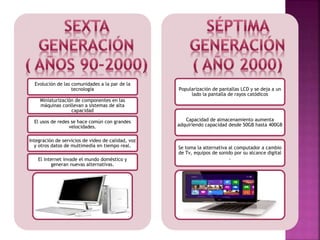 Evolución de las comunidades a la par de la
tecnología
Miniaturización de componentes en las
máquinas conllevan a sistemas de alta
capacidad
El usos de redes se hace común con grandes
velocidades.
Integración de servicios de video de calidad, voz
y otros datos de multimedia en tiempo real.
El internet invade el mundo doméstico y
generan nuevas alternativas.
Popularización de pantallas LCD y se deja a un
lado la pantalla de rayos catódicos
Capacidad de almacenamiento aumenta
adquiriendo capacidad desde 50GB hasta 400GB
Se toma la alternativa al computador a cambio
de Tv, equipos de sonido por su alcance digital
.
 