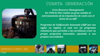 Crew Resource Management
En 1990 la FAA realizó un gran cambio al
entrenamiento de la tripulación de vuelo con el
inicio de su AQP
Programa de Calificación Avanzado (AQP por sus
siglas en inglés), el cual era un programa
voluntario que permitía a las aerolíneas crear su
propio programa innovador, ajustado a sus
propias necesidades.
CUARTA GENERACIÓN
GENERACIONES DEL
CRM
 