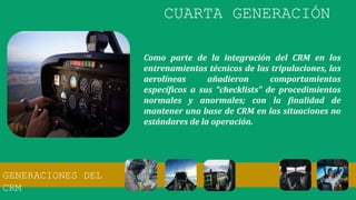 Como parte de la integración del CRM en los
entrenamientos técnicos de las tripulaciones, las
aerolíneas añadieron comportamientos
específicos a sus “checklists” de procedimientos
normales y anormales; con la finalidad de
mantener una base de CRM en las situaciones no
estándares de la operación.
CUARTA GENERACIÓN
GENERACIONES DEL
CRM
 