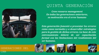 Crew resource management
En todas las generaciones anteriores,
su motivación era el error humano
Esta generación fomentó a presentar los errores
como casos normales y a desarrollar estrategias
para la gestión de dichos errores. La base de este
entrenamiento deberá de ser capacitación
formal con las limitaciones del rendimiento del
ser humano.
QUINTA GENERACIÓN
GENERACIONES DEL
CRM
 
