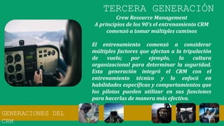 Crew Resource Management
A principios de los 90’s el entrenamiento CRM
comenzó a tomar múltiples caminos
El entrenamiento comenzó a considerar
múltiples factores que afectan a la tripulación
de vuelo; por ejemplo, la cultura
organizacional para determinar la seguridad.
Esta generación integró el CRM con el
entrenamiento técnico y lo enfocó en
habilidades específicas y comportamientos que
los pilotos pueden utilizar en sus funciones
para hacerlas de manera más efectiva.
GENERACIONES DEL
CRM
TERCERA GENERACIÓN
 