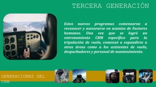 Estos nuevos programas comenzaron a
reconocer y asesorarse en asuntos de Factores
humanos. Una vez que se logró un
entrenamiento CRM específico para la
tripulación de vuelo, comenzó a expandirse a
otras áreas como a los asistentes de vuelo,
despachadores y personal de mantenimiento.
TERCERA GENERACIÓN
GENERACIONES DEL
CRM
 