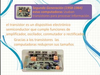 Segunda Generación (1958-1964)
                 estas computadoras Usaban
                 transistores para procesar información.

el transistor es un dispositivo electrónico
semiconductor que cumple funciones de
amplificador, oscilador, conmutador o rectificador,
      Gracias a los transistores las
      computadoras redujeron sus tamaños
 
