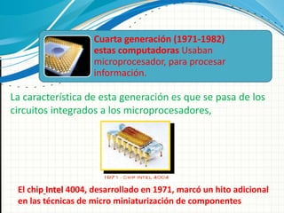 Cuarta generación (1971-1982)
                    estas computadoras Usaban
                    microprocesador, para procesar
                    información.

La característica de esta generación es que se pasa de los
circuitos integrados a los microprocesadores,




 El chip Intel 4004, desarrollado en 1971, marcó un hito adicional
 en las técnicas de micro miniaturización de componentes
 