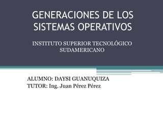GENERACIONES DE LOS
SISTEMAS OPERATIVOS
INSTITUTO SUPERIOR TECNOLÓGICO
SUDAMERICANO
ALUMNO: DAYSI GUANUQUIZA
TUTOR: Ing. Juan Pérez Pérez
 