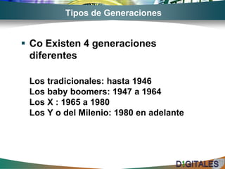 Tipos de GeneracionesCo Existen 4 generaciones diferentesLos tradicionales: hasta 1946Los babyboomers: 1947 a 1964Los X : 1965 a 1980Los Y o del Milenio: 1980 en adelante