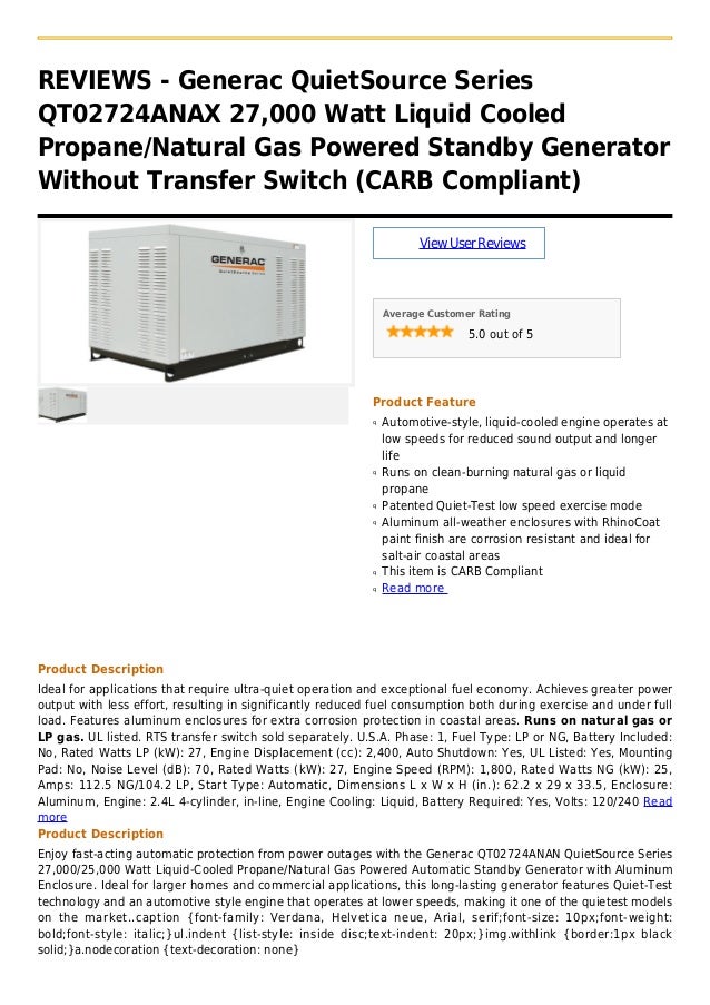 Generac quiet source series qt02724anax 27,000 watt liquid cooled pro…