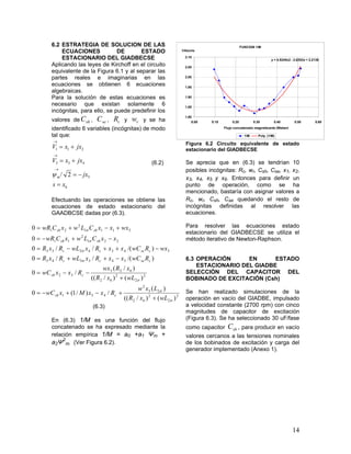 14
6.2 ESTRATEGIA DE SOLUCION DE LAS
ECUACIONES DE ESTADO
ESTACIONARIO DEL GIADBECSE
Aplicando las leyes de Kirchoff en el circuito
equivalente de la Figura 6.1 y al separar las
partes reales e imaginarias en las
ecuaciones se obtienen 6 ecuaciones
algebraicas.
Para la solución de estas ecuaciones es
necesario que existan solamente 6
incógnitas, para ello, se puede predefinir los
valores de shC , seC , cR y rw y se ha
identificado 6 variables (incógnitas) de modo
tal que:
6
5
433
211
2/
xs
jx
jxxV
jxxV
m








(6.2)
Efectuando las operaciones se obtiene las
ecuaciones de estado estacionario del
GAADBCSE dadas por (6.3).
2
2
2
62
25
2
451
2
2
2
62
625
32
343343
5434333
221
2
11
5111
2
21
)()/((
)(
/)/1(0
)()/((
)/(
/0
)/(//0
)/(//0
0
0







wLxR
Lxw
RxxMxwC
wLxR
xRwx
RxxwC
RwCxxRxwLRxR
wxRwCxxRxwLRxR
xxCLwxCwR
wxxxCLwxCwR
csh
csh
csecc
csecc
shsh
shsh








(6.3)
En (6.3) 1/M es una función del flujo
concatenado se ha expresado mediante la
relación empírica 1/M = a0 +a1 Ψm +
a2Ψ
2
m. (Ver Figura 6.2).
FUNCION 1/M
y = 4.5245x2 - 2.6353x + 2.2136
1.80
1.85
1.90
1.95
2.00
2.05
2.10
0.00 0.10 0.20 0.30 0.40 0.50 0.60
Flujo concatenado magnetizante (Weber)
1/Henrio
1/M Poly. (1/M)
Figura 6.2 Circuito equivalente de estado
estacionario del GIADBECSE
Se aprecia que en (6.3) se tendrían 10
posibles incógnitas: Rc, wr, Csh, Cse, x1, x2,
x3, x4, x5 y x6. Entonces para definir un
punto de operación, como se ha
mencionado, bastaría con asignar valores a
Rc, wr, Csh, Cse quedando el resto de
incógnitas definidas al resolver las
ecuaciones.
Para resolver las ecuaciones estado
estacionario del GIADBECSE se utiliza el
método iterativo de Newton-Raphson.
6.3 OPERACIÓN EN ESTADO
ESTACIONARIO DEL GIADBE
SELECCIÓN DEL CAPACITOR DEL
BOBINADO DE EXCITACIÓN (Csh)
Se han realizado simulaciones de la
operación en vacío del GIADBE, impulsado
a velocidad constante (2700 rpm) con cinco
magnitudes de capacitor de excitación
(Figura 6.3). Se ha seleccionado 30 uF/fase
como capacitor shC , para producir en vacío
valores cercanos a las tensiones nominales
de los bobinados de excitación y carga del
generador implementado (Anexo 1).
 