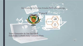 Universidad de las Fuerzas Armadas ESPE-sede Latacunga
Física II
Tema: Generador de Van Der Graff.
Estudiante: Lizbeth Zulay Camacho Pinta.
 