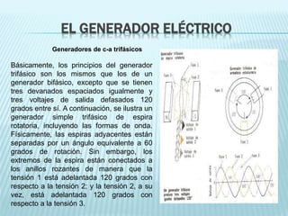 EL GENERADOR ELÉCTRICO 
Generadores de c-a trifásicos 
Básicamente, los principios del generador 
trifásico son los mismos que los de un 
generador bifásico, excepto que se tienen 
tres devanados espaciados igualmente y 
tres voltajes de salida defasados 120 
grados entre sí. A continuación, se ilustra un 
generador simple trifásico de espira 
rotatoria, incluyendo las formas de onda. 
Físicamente, las espiras adyacentes están 
separadas por un ángulo equivalente a 60 
grados de rotación. Sin embargo, los 
extremos de la espira están conectados a 
los anillos rozantes de manera que la 
tensión 1 está adelantada 120 grados con 
respecto a la tensión 2; y la tensión 2, a su 
vez, está adelantada 120 grados con 
respecto a la tensión 3. 
 